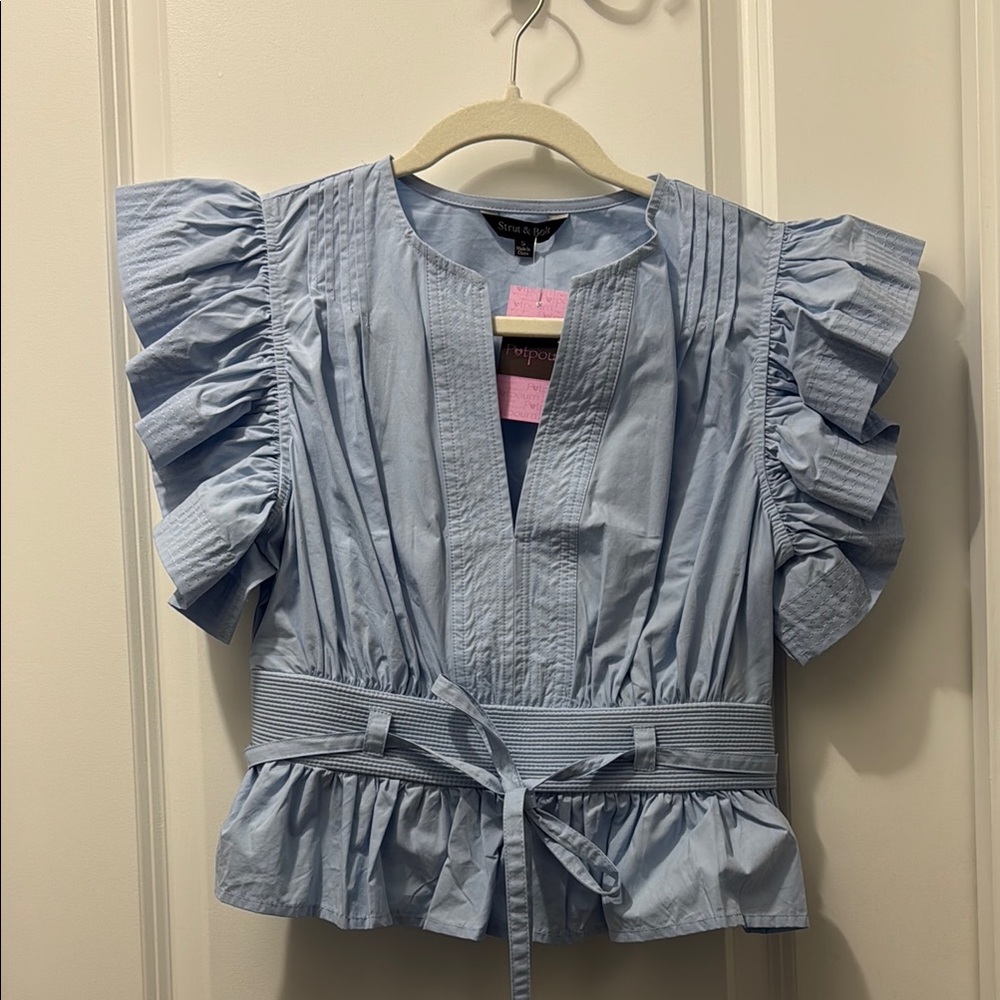 Light Blue Ruffle Sleeve Waist-Tie Top
